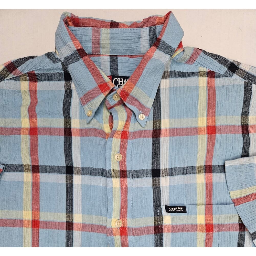 Chaps Ralph Lauren Seersucker Shirt Men's Size Large Blue Plaid Short Sleeve